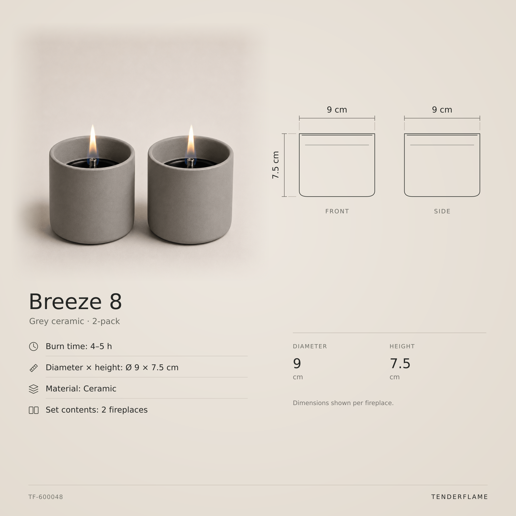 Breeze 8 ceramic, 2-Pack, Grå keramik · 2-pak: måltegning med mål og specifikationer