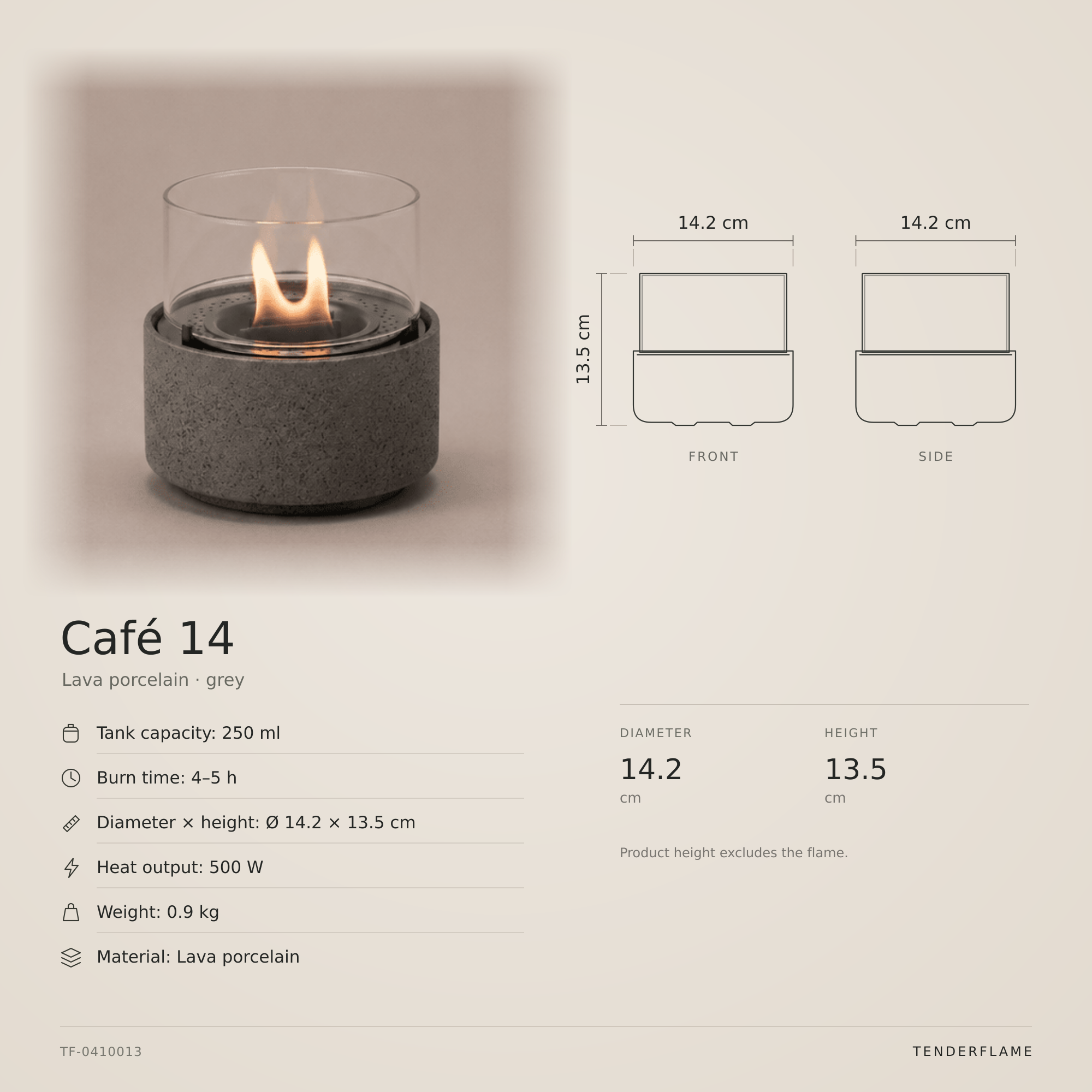 Café 14 Lava, Lavaporcelæn · grå: måltegning med mål og specifikationer