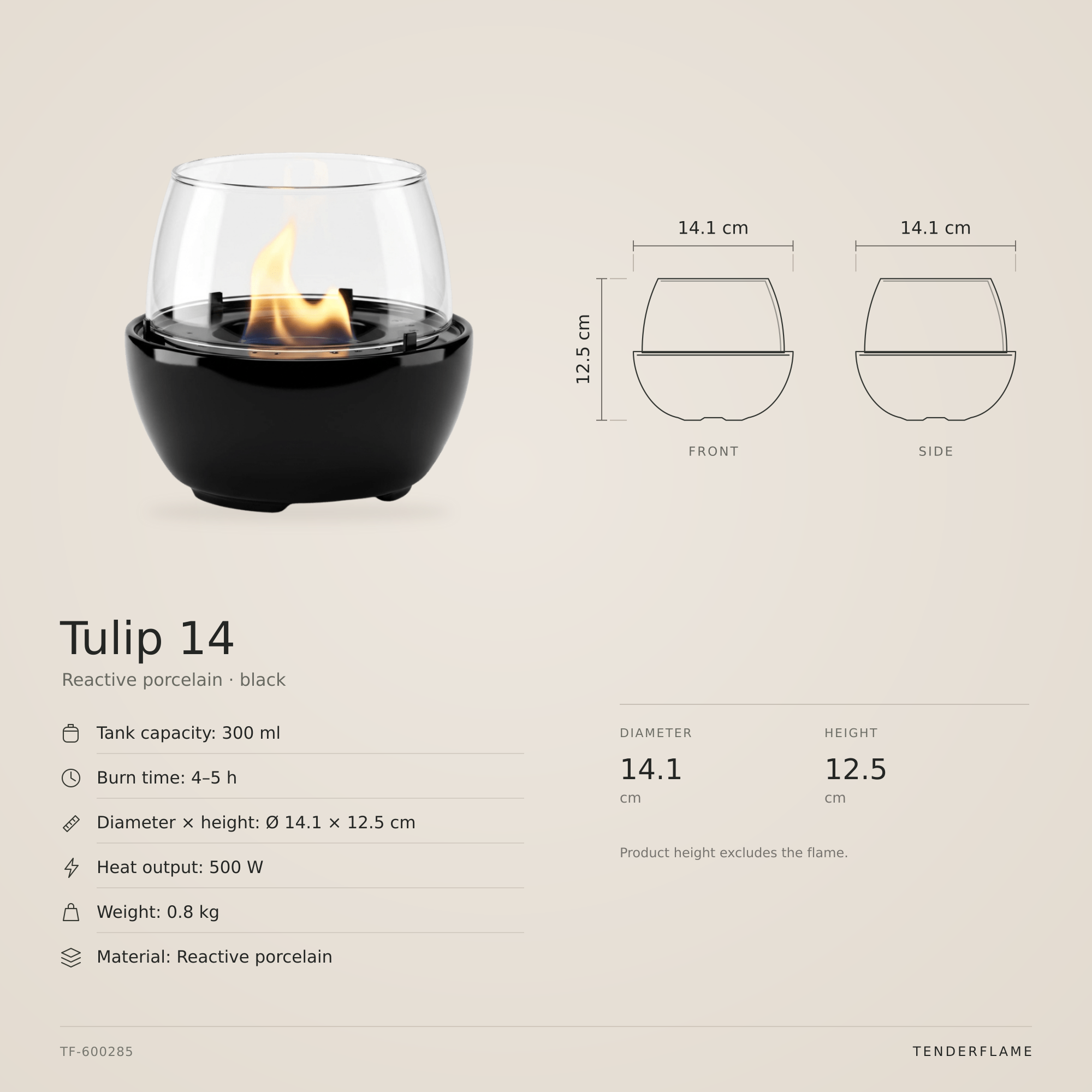Tulip 14 Reactive Porcelain, Reaktivt porcelæn · sort: måltegning med mål og specifikationer