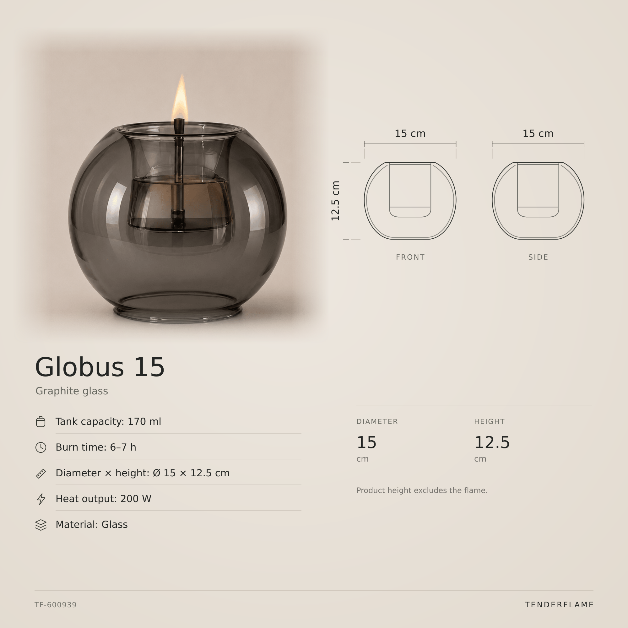 Globus 15, Grafitglas: måltegning med mål og specifikationer