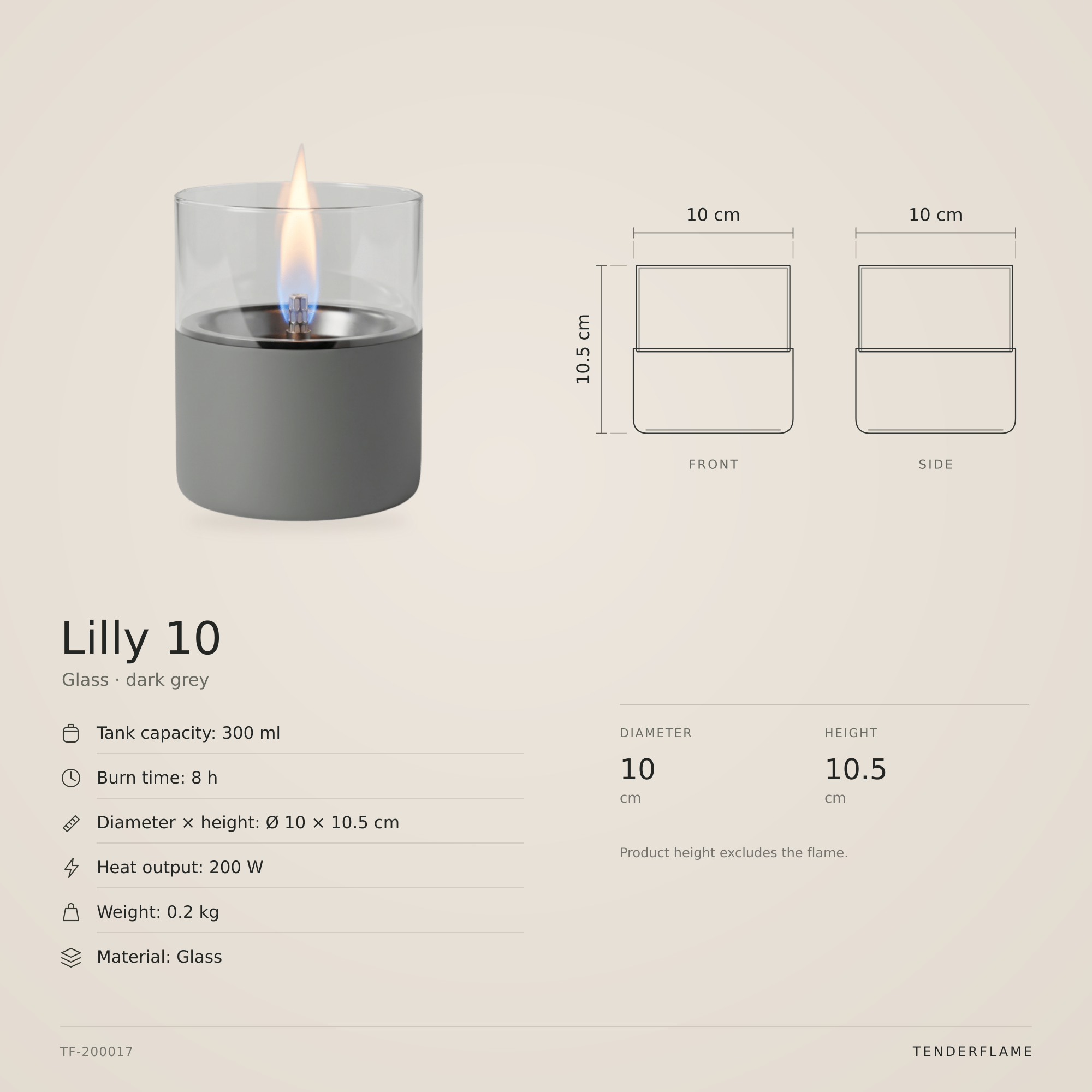 Lilly 10, Glas · mørkegrå: måltegning med mål og specifikationer