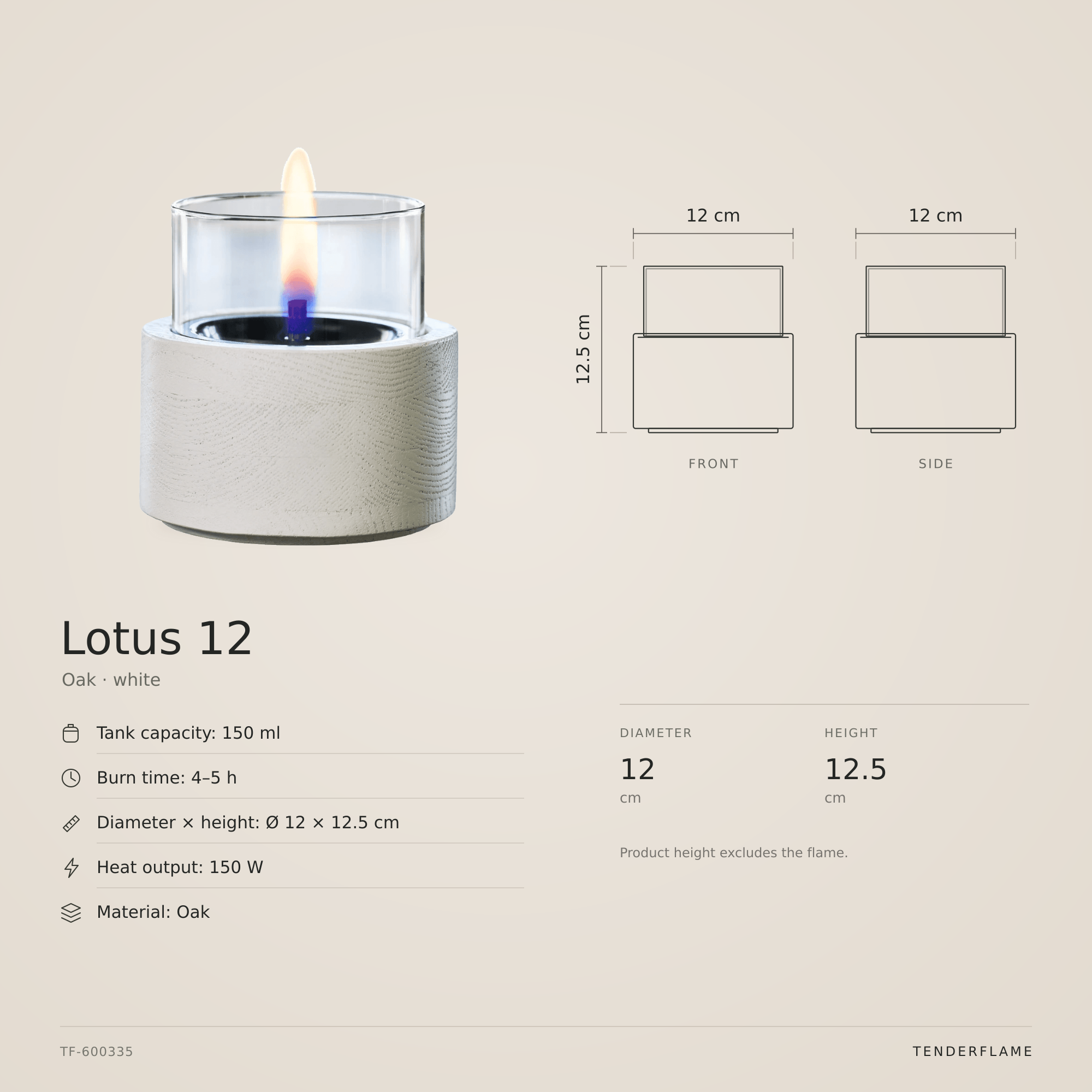 Lotus 12 Oak, Eg · hvid: måltegning med mål og specifikationer