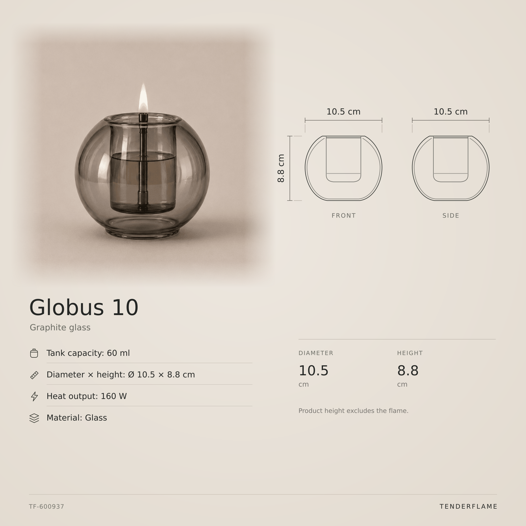 Globus 10, Grafitglas: måltegning med mål og specifikationer